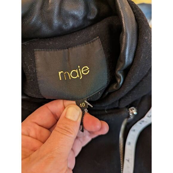 Maje h14 gentia black wool cashmere and leather  jacket off center zip sz 40 euc - Picture 3 of 6